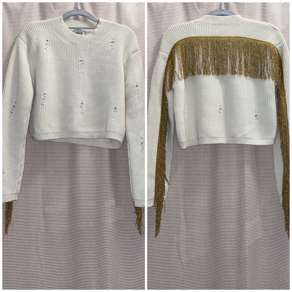 Akep Cream Sweater with Gold Tassel Fringe and Distress - Italian Merino Wool